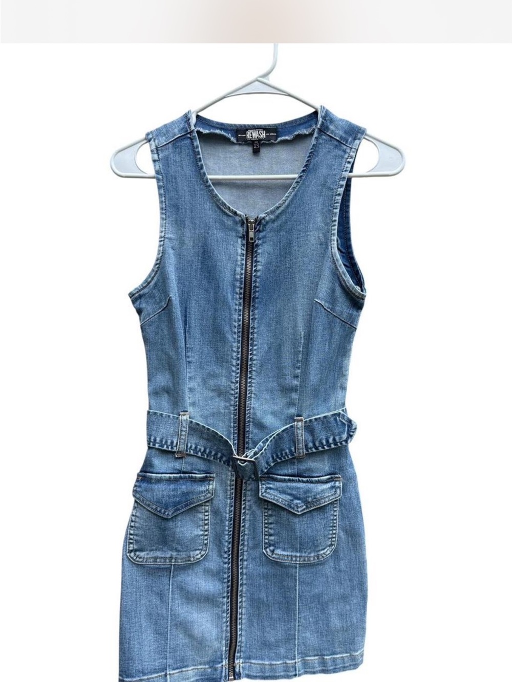 Rewash Blue Denim Zip-Front Belted Mini Dress - Picture 2 of 5